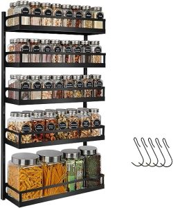 X-cosrack Wall Mount Spice Rack Organizer 5 Tier Height-Adjustable Hanging Spice Shelf Storage for Kitchen Pantry Cabinet Door