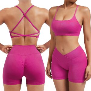 SUUKSESS V-Cross Pink Workout Set With Strappy Sports Bra and High Waist Booty Shorts