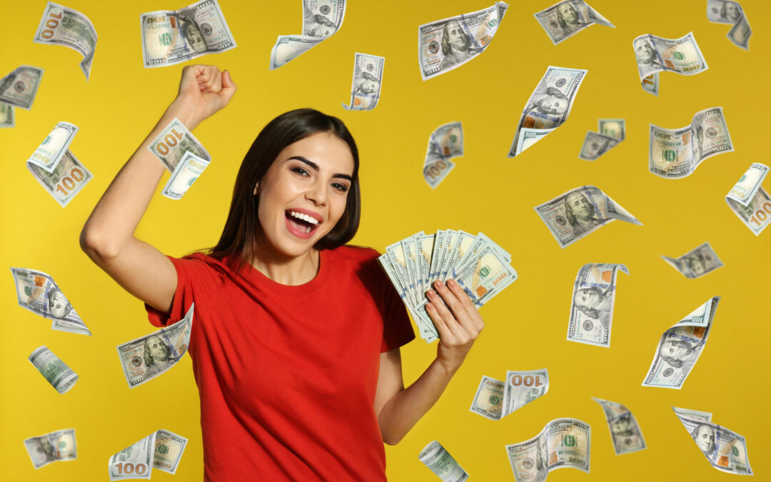 Young woman with money on color background. Space for text